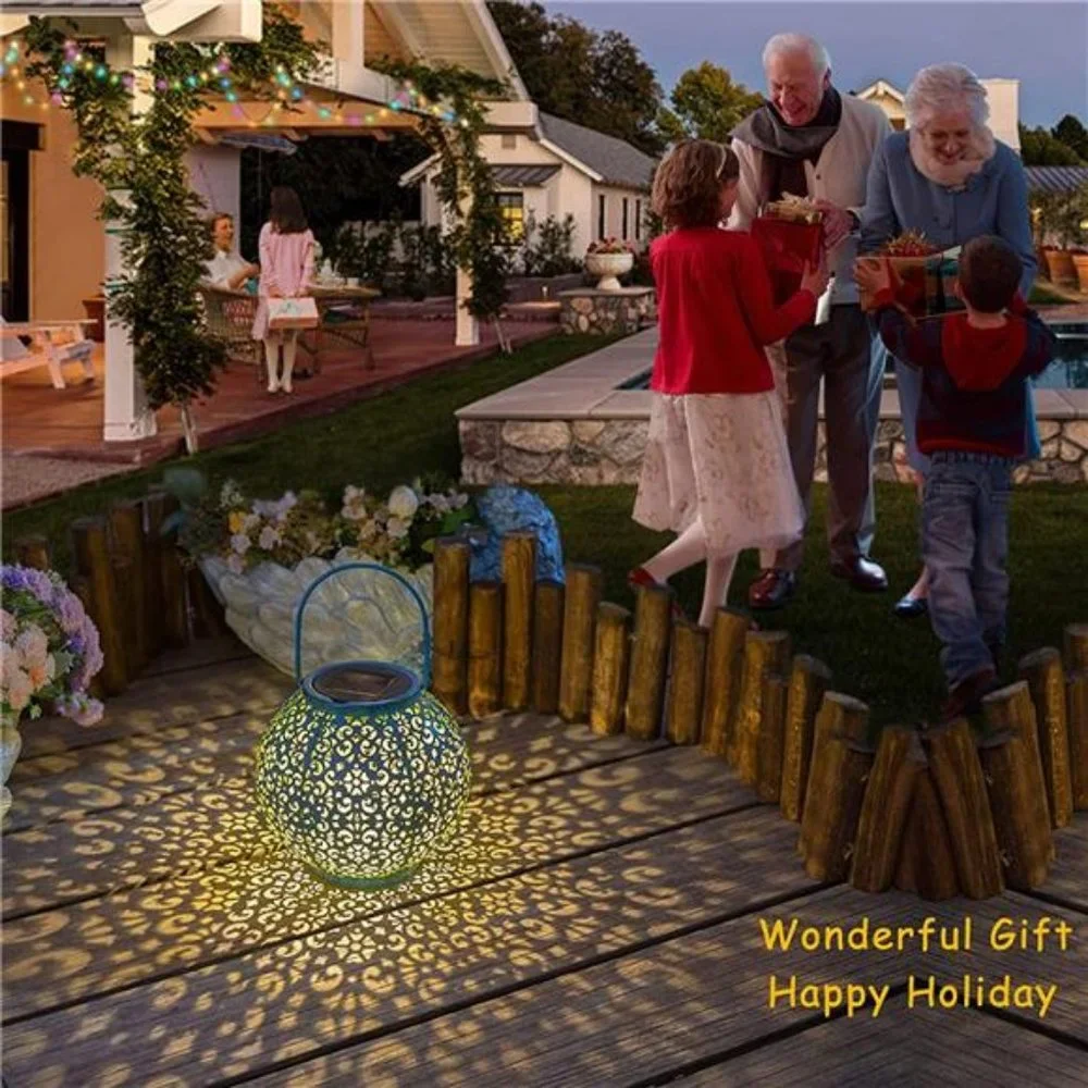 Solar Large Lantern Hanging Lights Metal Garden, Waterproof (1 Pack, Teal Blue)
